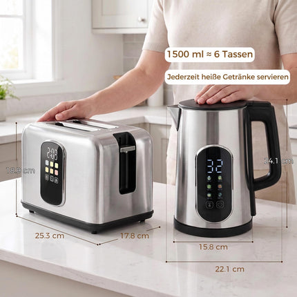 Kettle and 2-Slice Toaster Set with LED Touch Display, 1.5 L, 2200 W, Silver
