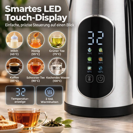 Kettle and 2-Slice Toaster Set with LED Touch Display, 1.5 L, 2200 W, Silver
