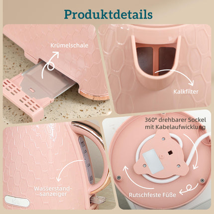Set fierbător și prăjitor de pâine, 1,7 l, fierbere rapidă, 2 felii, roz