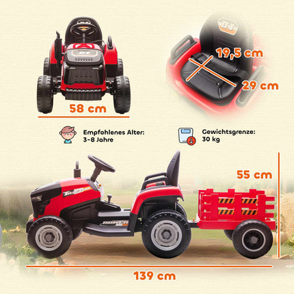 Tractor electric pentru copii, 12V, cu telecomandă, remorcă, roșu