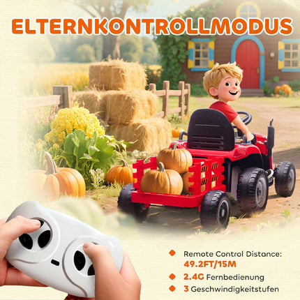 Tractor electric pentru copii, 12V, cu telecomandă, remorcă, roșu