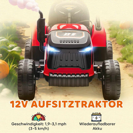Tractor electric pentru copii, 12V, cu telecomandă, remorcă, roșu