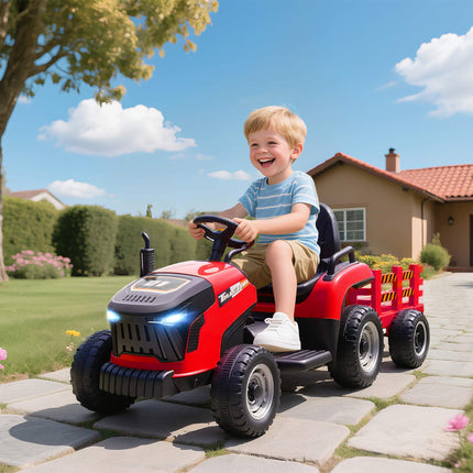 Tractor electric pentru copii, 12V, cu telecomandă, remorcă, roșu