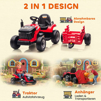 Tractor electric pentru copii, 12V, cu telecomandă, remorcă, roșu