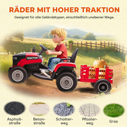 Tractor electric pentru copii, 12V, cu telecomandă, remorcă, roșu