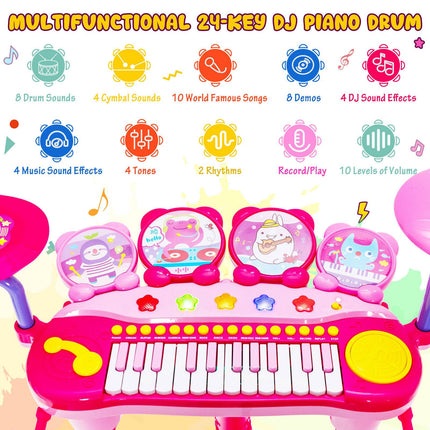 Set de tobe pentru copii cu 24 de clape, microfon, MP3, scaun