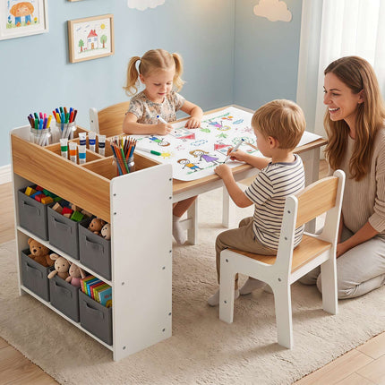 Set masă și scaune pentru copii cu cutii de depozitare – lemn natural
