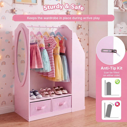 Kids Clothing Rack with Full-Length Mirror and Bookshelf, Pink, 108 cm