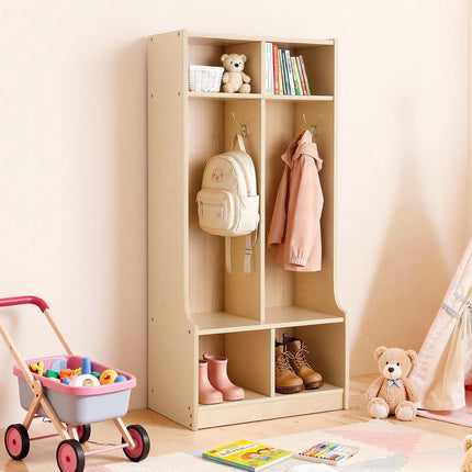 Kids Coat Locker, 2-Section Wooden Cubby, 4 Hooks 4 Cubbies