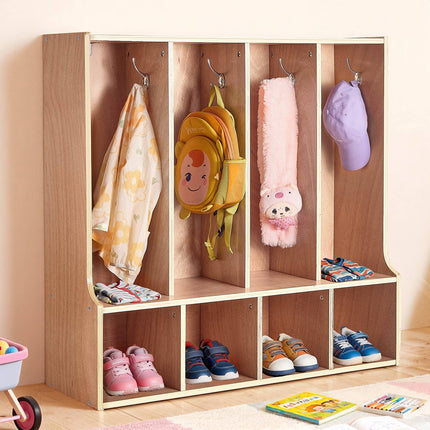 Kids Coat Locker, 4-Section Wooden Cubby with 8 Hooks