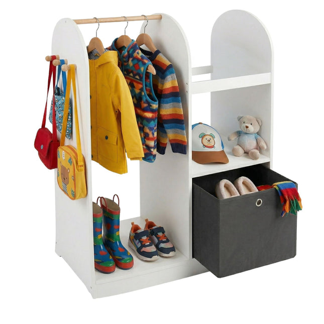 Suport pentru haine pentru copii cu raft, cârlige și cutie de depozitare a materialelor textile