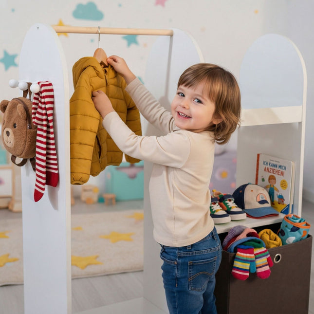 Suport pentru haine pentru copii cu raft, cârlige și cutie de depozitare a materialelor textile