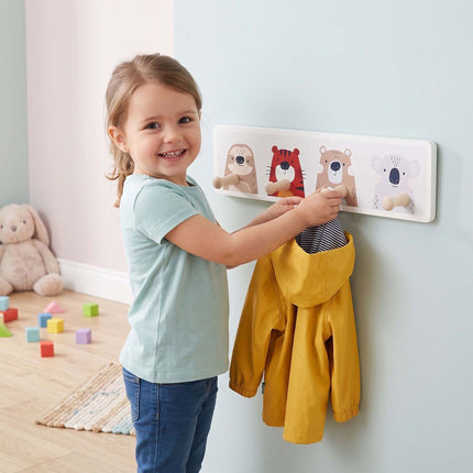 Cuier pentru haine pentru copii cu 4 cârlige, MDF și pin, 10x38 cm