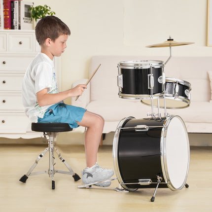 Kids Drum Set, 3-Piece 14-Inch Kit With Throne, Black