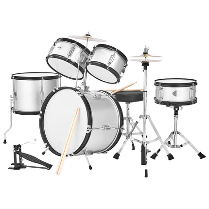 Kids Drum Set, 5-Piece 16-Inch, Adjustable Throne, Silver