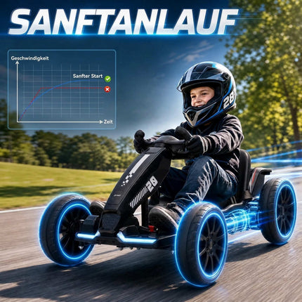 Kids Electric Go-Kart 12V with 2 Motors and Soft Start, Black, LED Headlights