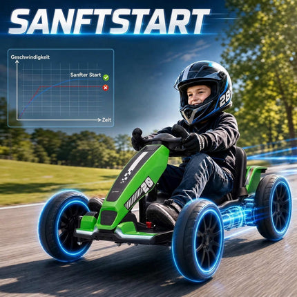 Kids Electric Go-Kart 12V with 2 Motors and Soft Start, Green, LED Headlights
