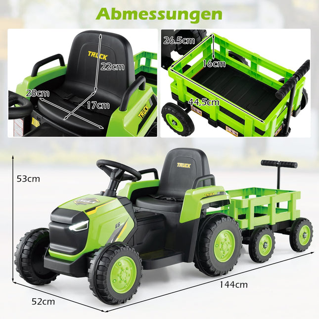 Tractor electric pentru copii cu remorcă detașabilă, telecomandă