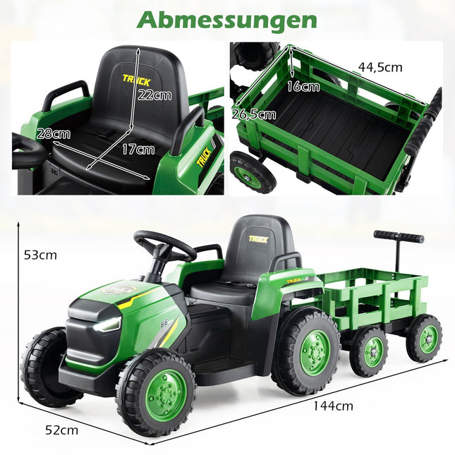Tractor electric pentru copii cu remorcă detașabilă, telecomandă