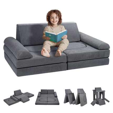 Kids Modular Play Couch, 10-Piece, Removable Cover, Grey