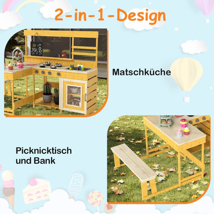 Bucătărie pentru copii din noroi pentru exterior cu masă de picnic – lemn de brad