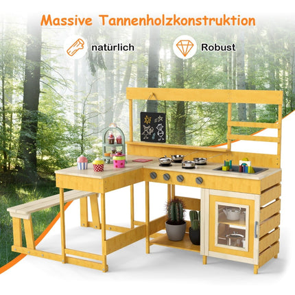 Bucătărie pentru copii din noroi pentru exterior cu masă de picnic – lemn de brad