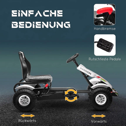 Kart cu pedale pentru copii, cu scaun reglabil și frână de mână, alb
