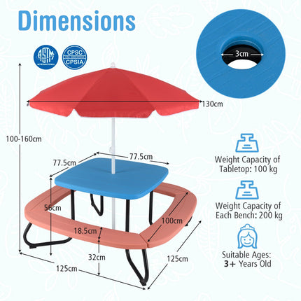 Set masă de picnic pentru copii, 8 locuri, umbrelă reglabilă