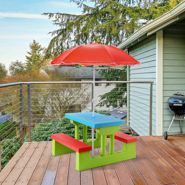 Kids Picnic Table Set With 2 Benches And Umbrella, 4-Seat