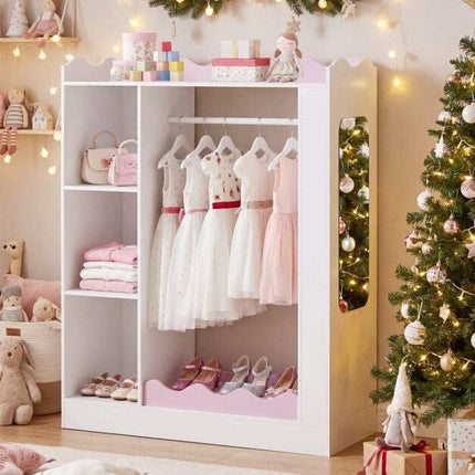 Kids Pink Dress Up Storage with Mirror and Hanging Rack