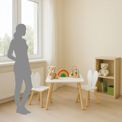 Set masă și scaune Urechi de Iepure pentru copii - MDF și lemn de pin