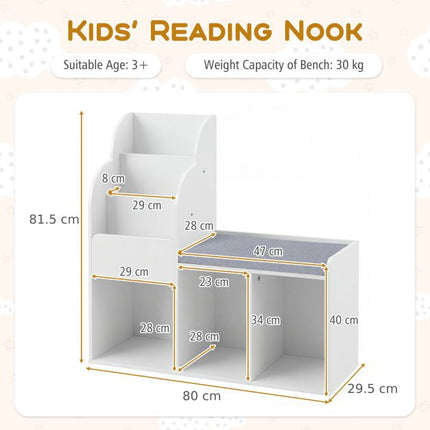 Bibliotecă tip bancă de citit pentru copii, 3 compartimente, albă
