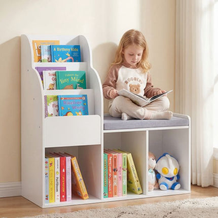 Bibliotecă tip bancă de citit pentru copii, 3 compartimente, albă