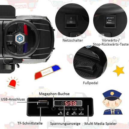 Mașină de poliție pentru copii cu megafon, baterie 6V, neagră