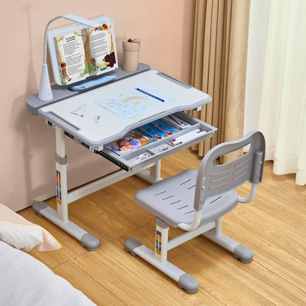 Kids Study Desk and Chair Set, Adjustable Tilt, LED Lamp