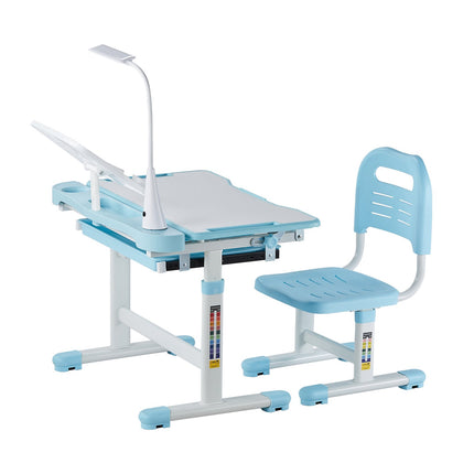 Kids Study Desk and Chair Set, Adjustable Tilt, Lamp, Blue