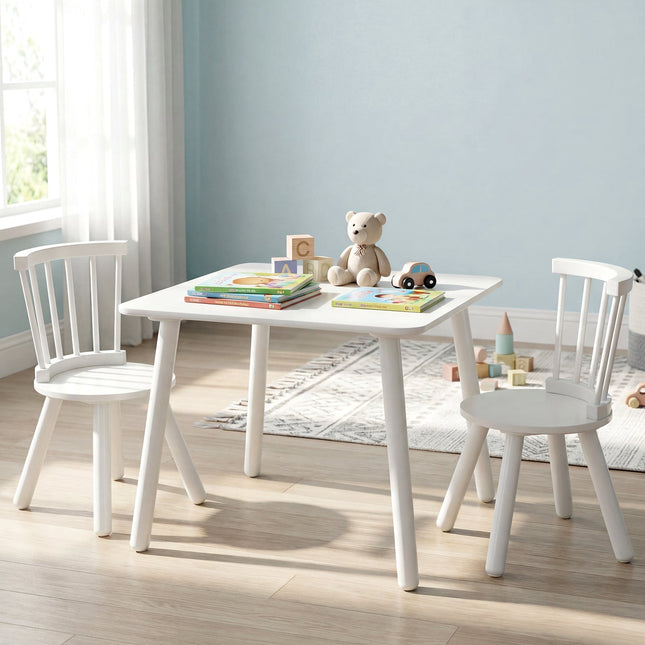 Set masă și 2 scaune pentru copii, alb, lemn, design ergonomic