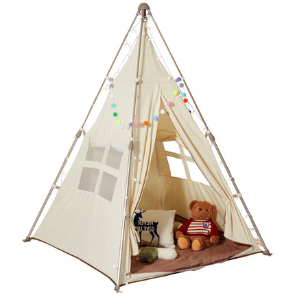 Kids Teepee Play Tent With Mat, Bag, Windows – Beige