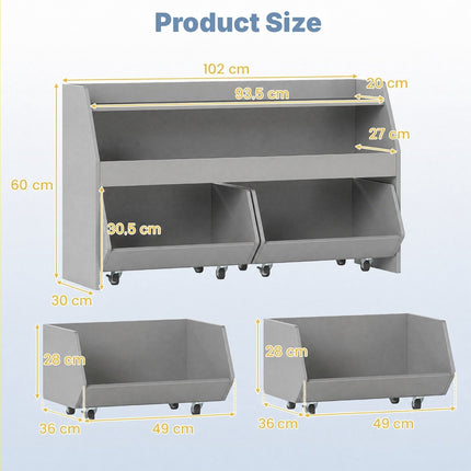 Kids Toy Storage Unit with 2 Movable Drawers and Shelf, Anti-Tip Kit, Grey
