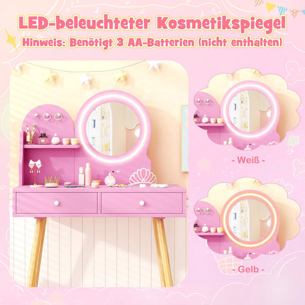 Set de toaletă pentru copii cu oglindă iluminată, temă prințesă roz