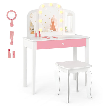 Set de măsuțe de toaletă pentru copii – Design 2 în 1, Lumini LED, Alb