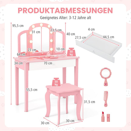 Set de măsuțe de toaletă pentru copii – Design 2 în 1, Lumini LED, Alb