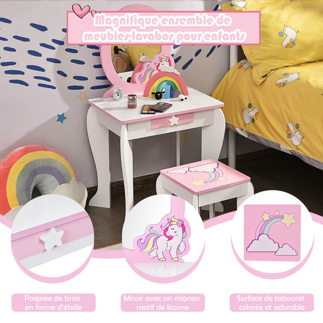 Set masă de toaletă pentru copii – oglindă, taburet, sertar, alb