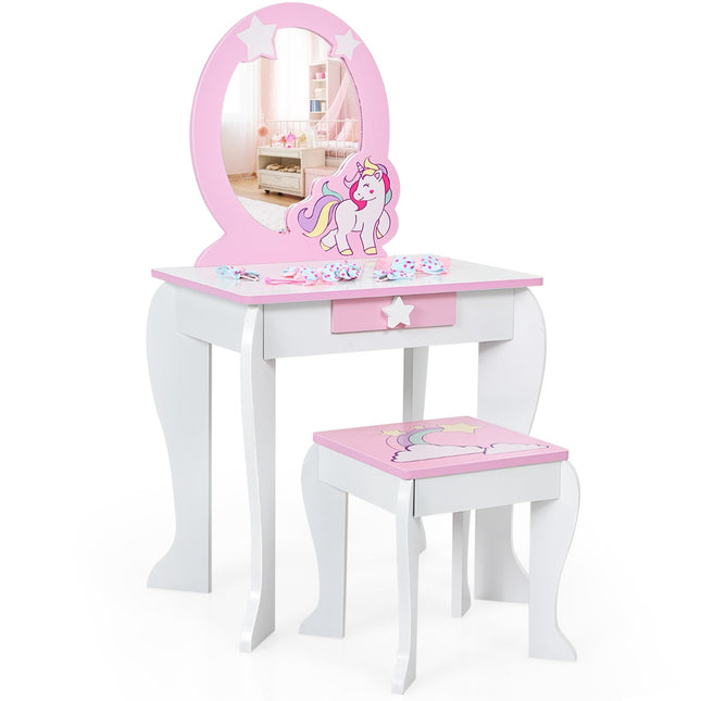 Set masă de toaletă pentru copii – oglindă, taburet, sertar, alb