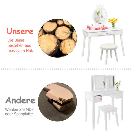 Set masă de toaletă pentru copii cu scaun, oglindă, sertar, alb