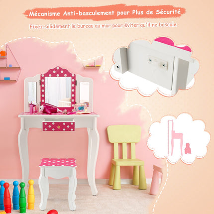 Set de măsuțe de toaletă pentru copii cu scaun, oglindă triplă, sertar