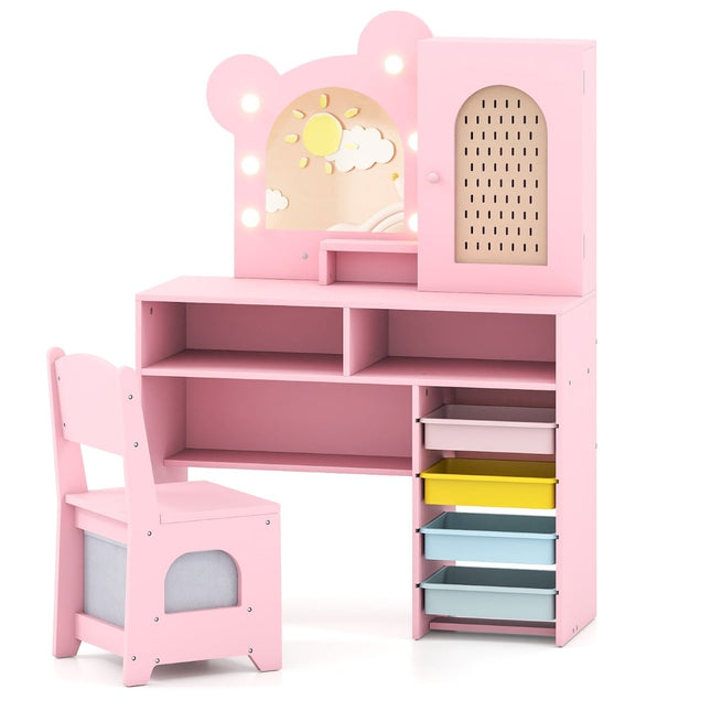 Set masă de toaletă pentru copii cu lumini, scaun, depozitare, roz