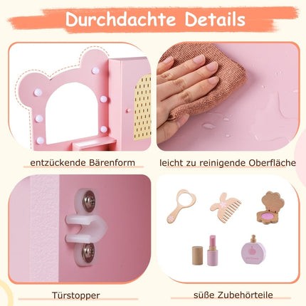 Set masă de toaletă pentru copii cu lumini, scaun, depozitare, roz