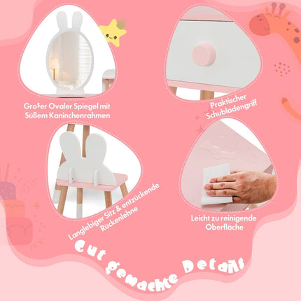 Set de măsuțe de toaletă pentru copii cu design de iepure, oglindă acrilică