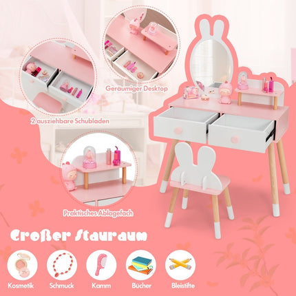 Set de măsuțe de toaletă pentru copii cu design de iepure, oglindă acrilică